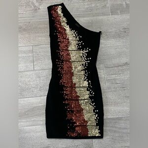 2B BeBe black one-shoulder sequin dress Sz XS sequins shades gold silver copper
